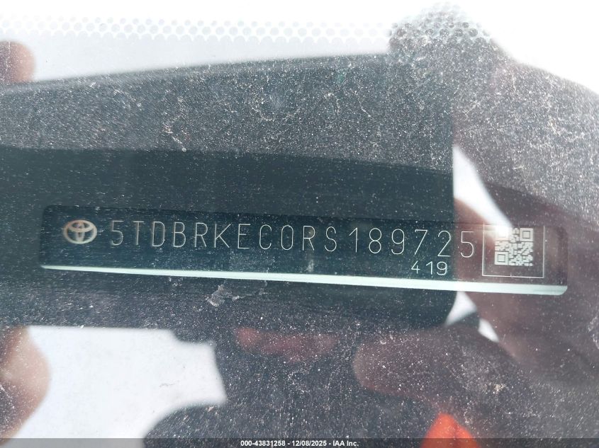 2024 Toyota Sienna Le VIN: 5TDBRKEC0RS189725 Lot: 43831258