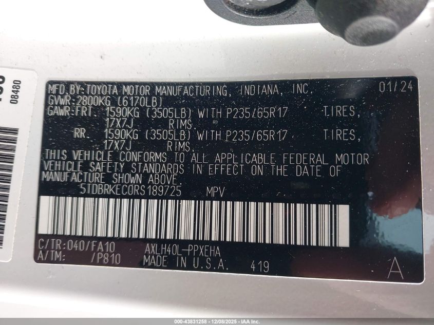 2024 Toyota Sienna Le VIN: 5TDBRKEC0RS189725 Lot: 43831258