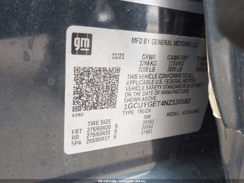 2022 Chevrolet Silverado 1500 Ltd 4Wd Short Bed Ltz VIN: 1GCUYGET4NZ130582 Lot: 43831266