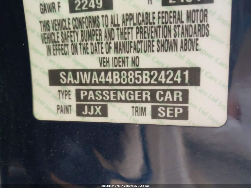 2008 Jaguar Xk VIN: SAJWA44B885B24241 Lot: 43831276