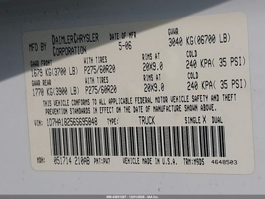 2006 Dodge Ram 1500 Slt VIN: 1D7HA18256S695848 Lot: 43831287