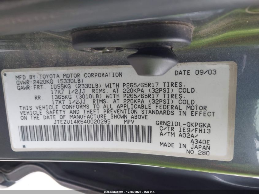 2004 Toyota 4Runner Sr5 Sport V6 VIN: JTEZU14R640020295 Lot: 43831291