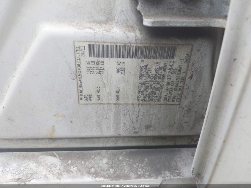 2011 Nissan Altima 2.5 S VIN: IN4AL2AP1BC172841 Lot: 43831308