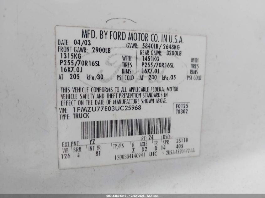 2003 Ford Explorer Sport Trac Xls/Xlt VIN: 1FMZU77E03UC25968 Lot: 43831319