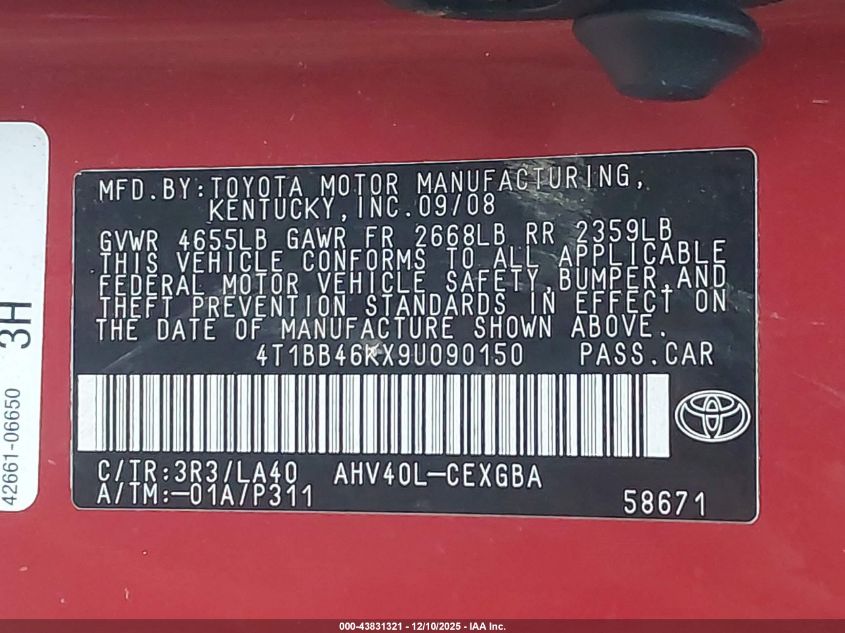 2009 Toyota Camry Hybrid VIN: 4T1BB46KX9U090150 Lot: 43831321