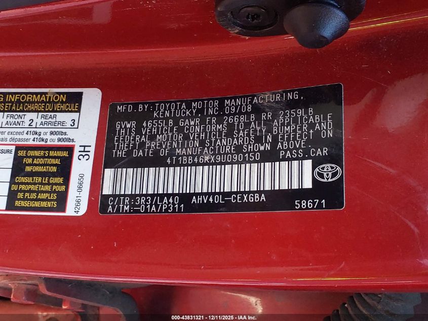 2009 Toyota Camry Hybrid VIN: 4T1BB46KX9U090150 Lot: 43831321