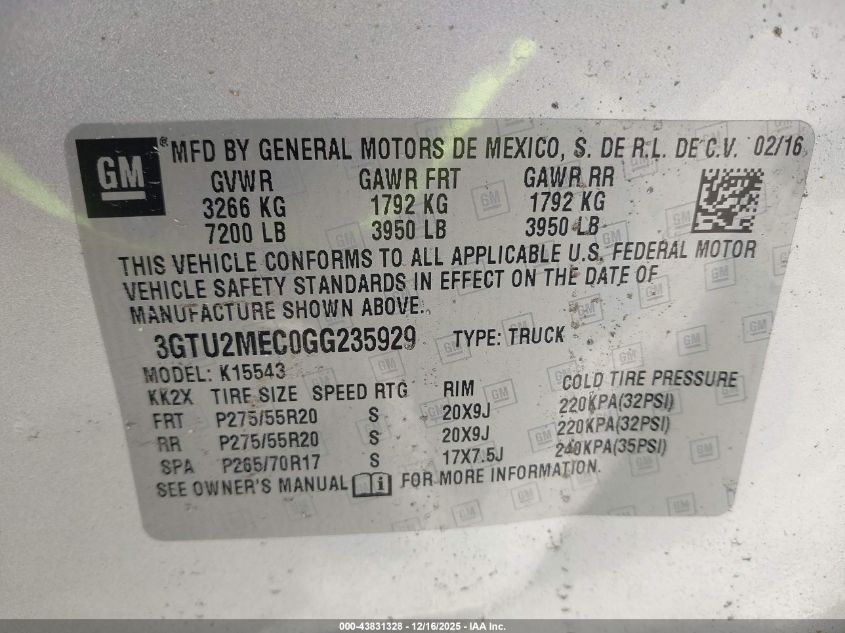 2016 GMC Sierra 1500 Sle VIN: 3GTU2MEC0GG235929 Lot: 43831328