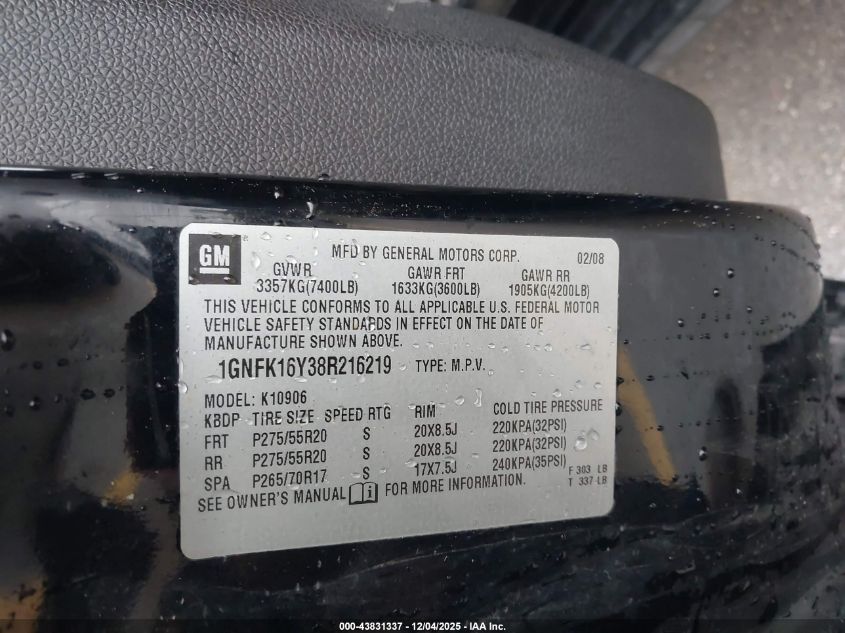 2008 Chevrolet Suburban 1500 Ltz VIN: 1GNFK16Y38R216219 Lot: 43831337