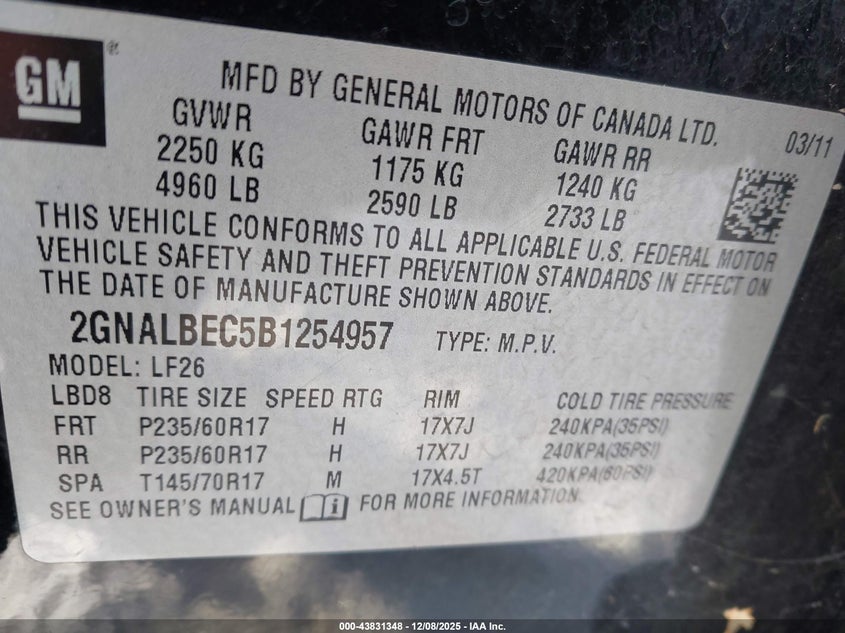 2GNALBEC5B1254957 2011 CHEVROLET EQUINOX photo no. 9