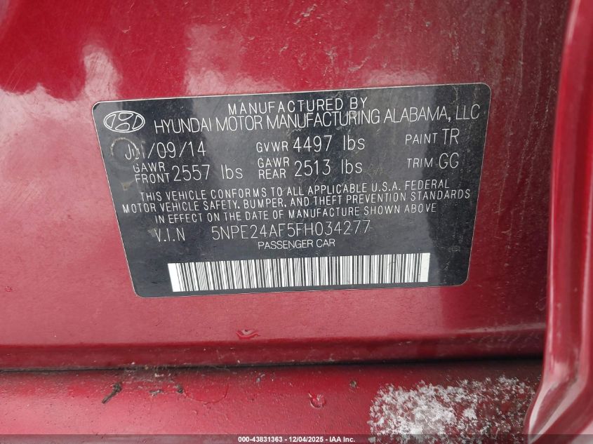 2015 Hyundai Sonata Se VIN: 5NPE24AF5FH034277 Lot: 43831363