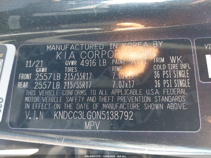 2022 Kia Niro Ev Ex VIN: KNDCC3LG0N5138792 Lot: 43831370