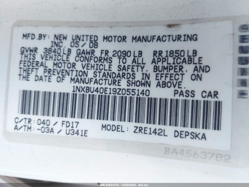 2009 Toyota Corolla S VIN: 1NXBU40E19Z055140 Lot: 43831374