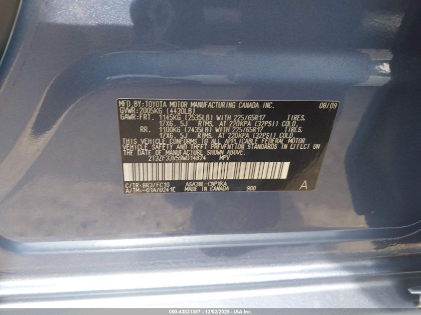 2009 Toyota Rav4 VIN: 2T3ZF33V59W014824 Lot: 43831387