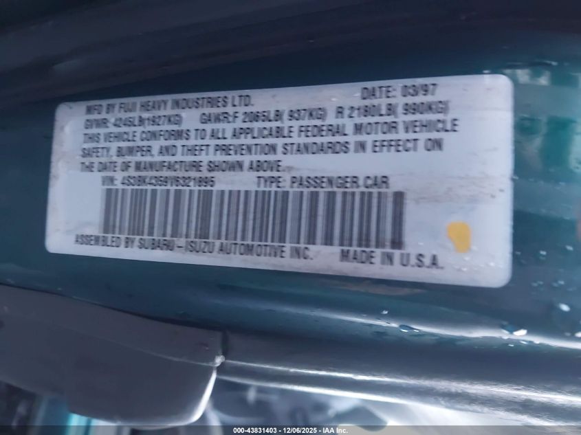 1997 Subaru Legacy L/Postal Right-Hand Drive VIN: 4S3BK4359V6321895 Lot: 43831403