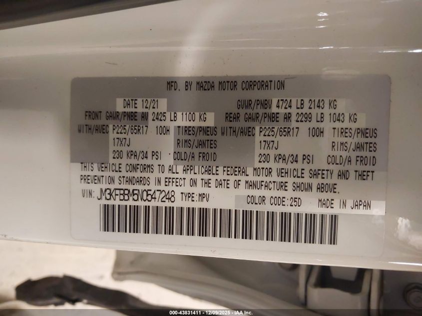 2022 Mazda Cx-5 2.5 S Select VIN: JM3KFBBM5N0547248 Lot: 43831411