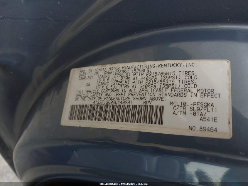 2002 Toyota Sienna Xle VIN: 4T3ZF13C02U449291 Lot: 43831430