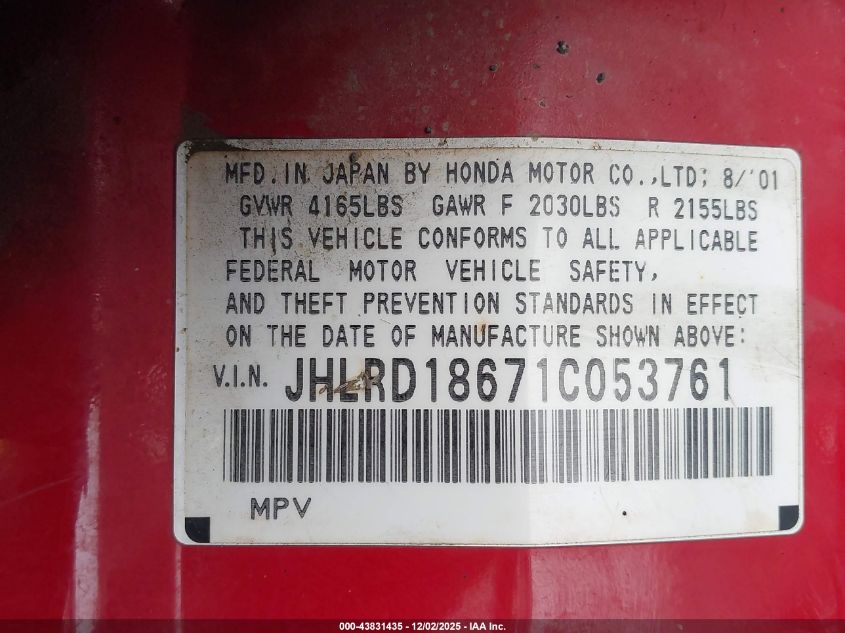 2001 Honda Cr-V Ex VIN: JHLRD18671C053761 Lot: 43831435