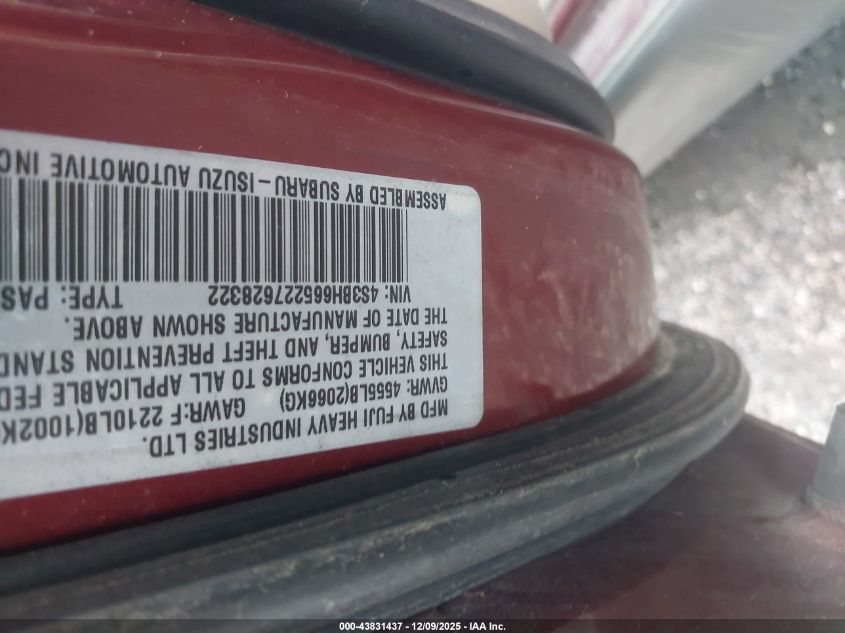 2002 Subaru Outback VIN: 4S3BH665227628322 Lot: 43831437