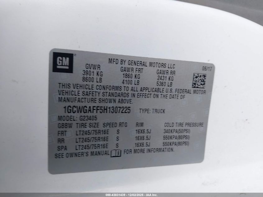 2017 Chevrolet Express 2500 Work Van VIN: 1GCWGAFF5H1307225 Lot: 43831439