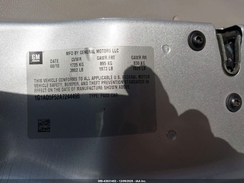 2010 Chevrolet Cobalt Lt VIN: 1G1AD5F52A7244498 Lot: 43831452