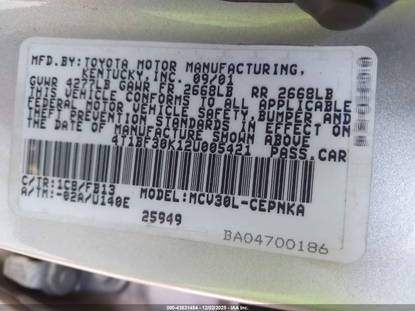 2002 Toyota Camry Le V6 VIN: 4T1BF30K12U005421 Lot: 43831454