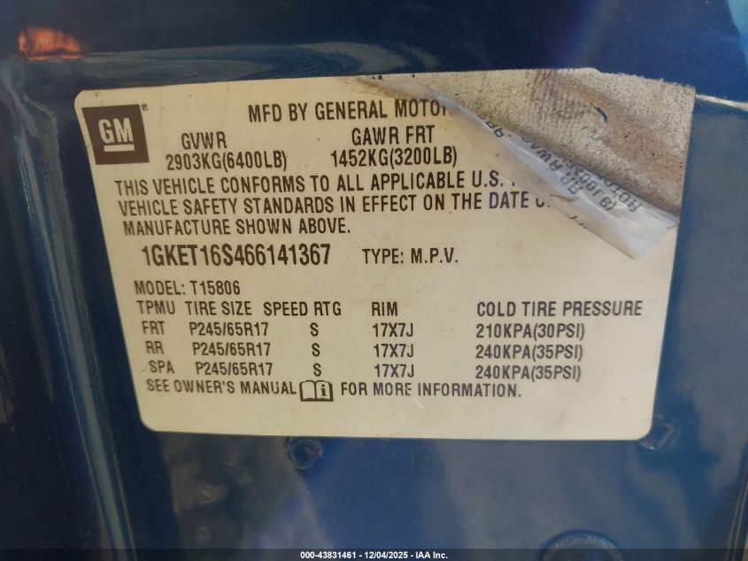 2006 GMC Envoy Xl Sle VIN: 1GKET16S466141367 Lot: 43831461