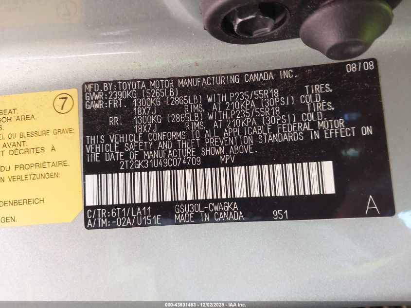 2009 Lexus Rx 350 VIN: 2T2GK31U49C074709 Lot: 43831463