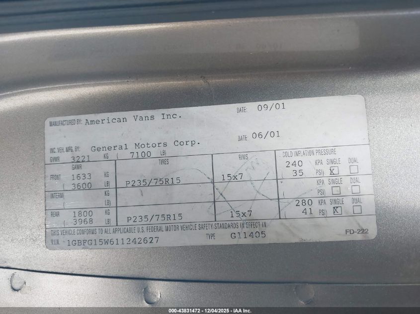 2001 Chevrolet Express Upfitter VIN: 1GBFG15W611242672 Lot: 43831472