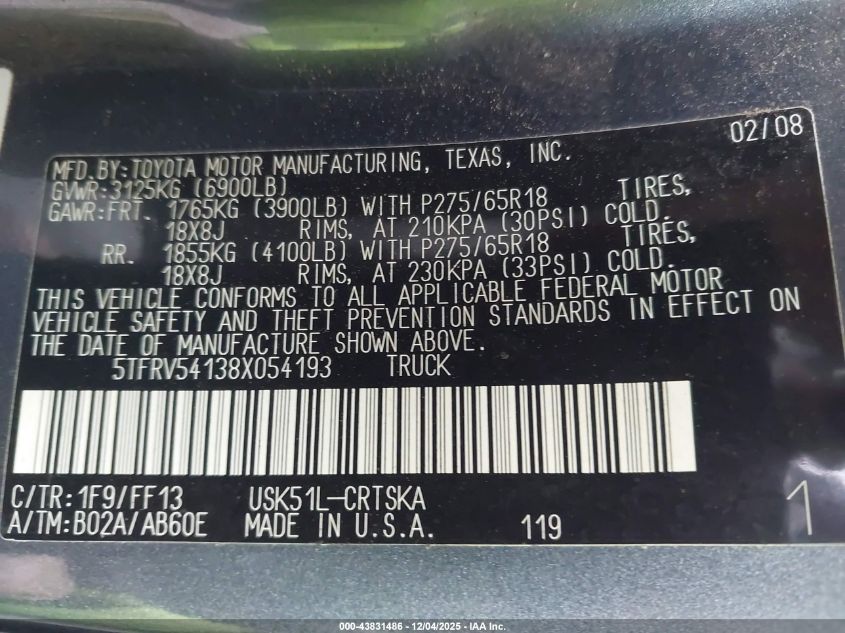 2008 Toyota Tundra Sr5 5.7L V8 VIN: 5TFRV54138X054193 Lot: 43831486