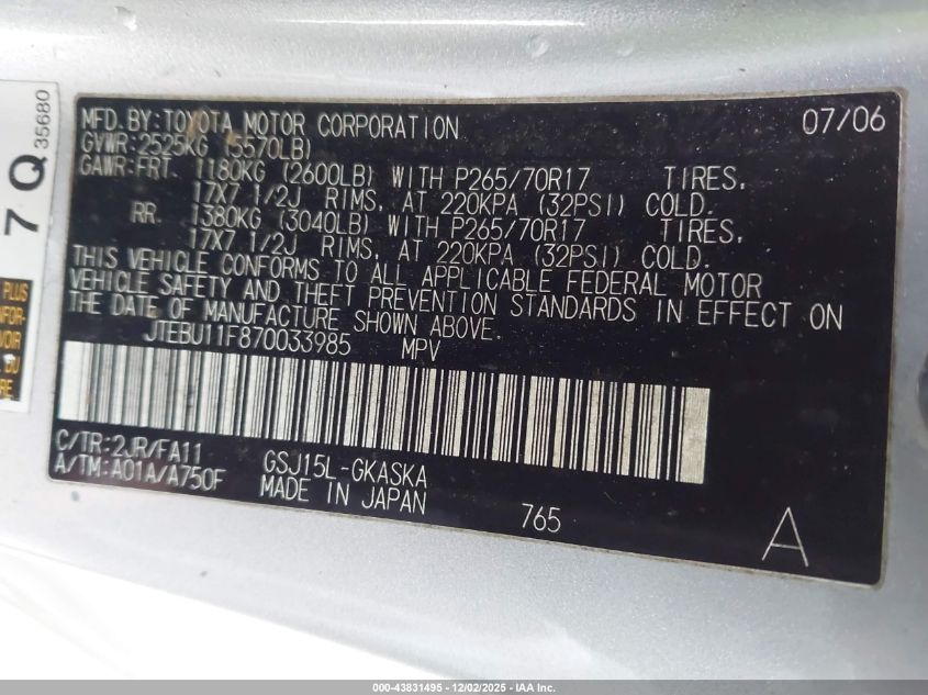 2007 Toyota Fj Cruiser VIN: JTEBU11F870033985 Lot: 43831495