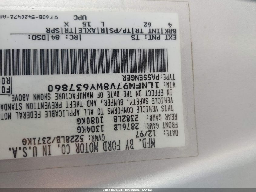 1998 Lincoln Continental VIN: 1LNFM97V8WY637860 Lot: 43831498