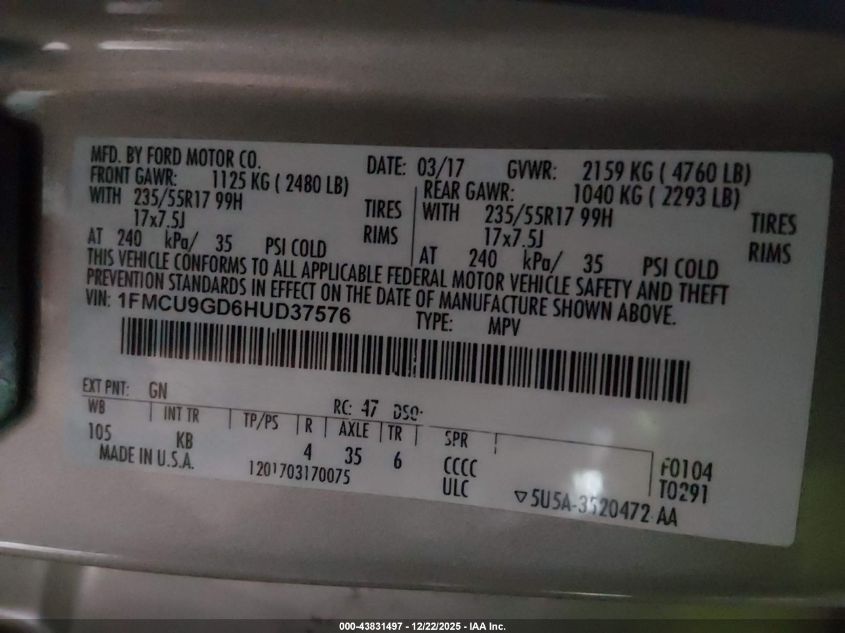 2017 Ford Escape Se VIN: 1FMCU9GD6HUD37576 Lot: 43831497