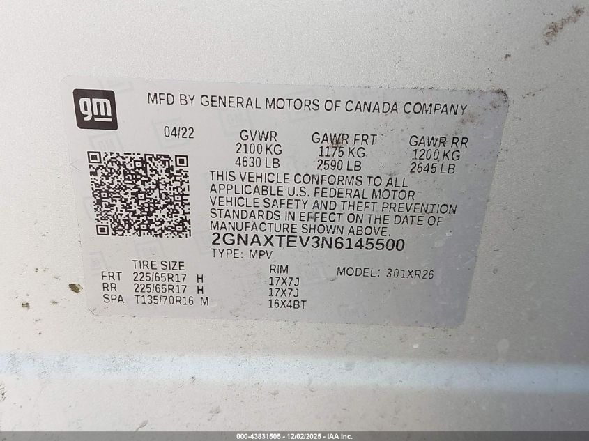 2022 Chevrolet Equinox Awd 2Fl VIN: 2GNAXTEV3N6145500 Lot: 43831505