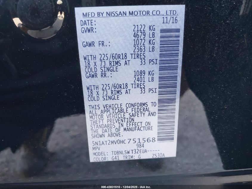 2017 Nissan Rogue Sl VIN: 5N1AT2MV0HC751568 Lot: 43831510