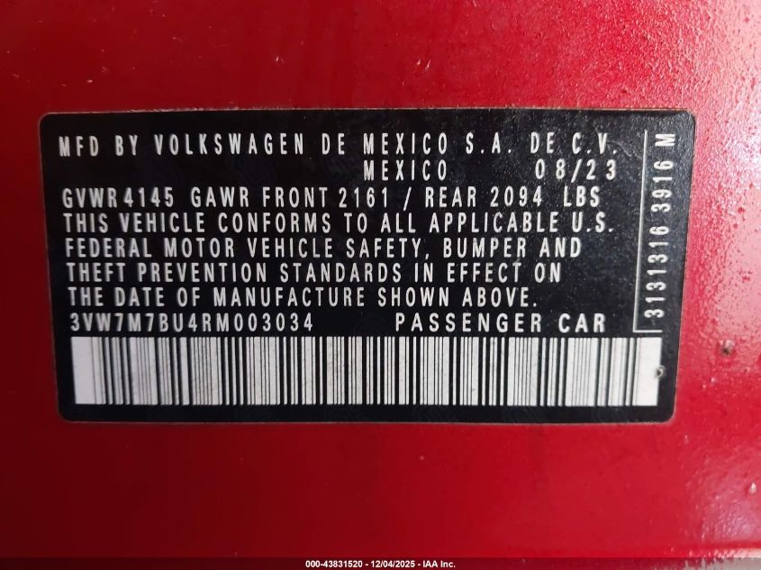 2024 Volkswagen Jetta 1.5T Se VIN: 3VW7M7BU4RM003034 Lot: 43831520