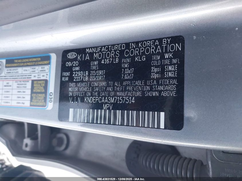 2021 Kia Seltos Lx VIN: KNDEPCAA3M7157514 Lot: 43831529