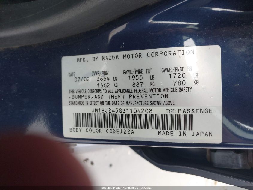 2003 Mazda Protege5 VIN: JM1BJ245831104208 Lot: 43831533