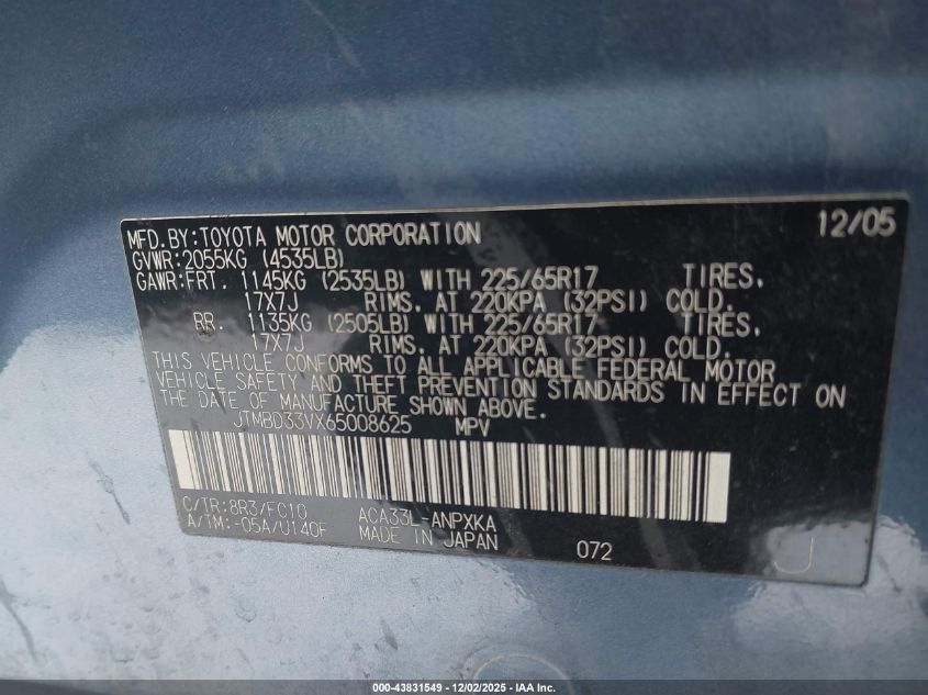 2006 Toyota Rav4 VIN: JTMBD33VX65008625 Lot: 43831549