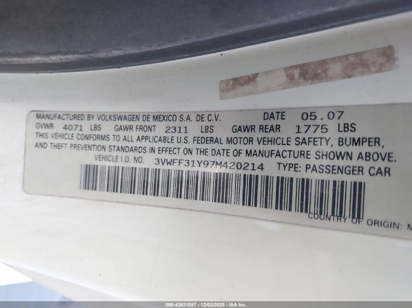 2007 Volkswagen New Beetle Triple White VIN: 3VWFF31Y97M420214 Lot: 43831557