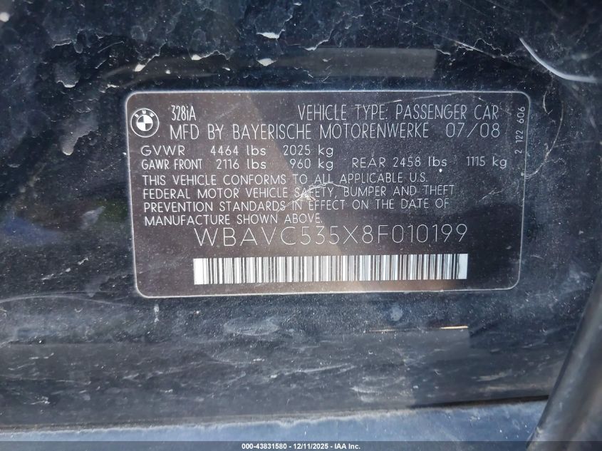 2008 BMW 328I VIN: WBAVC535X8F010199 Lot: 43831580