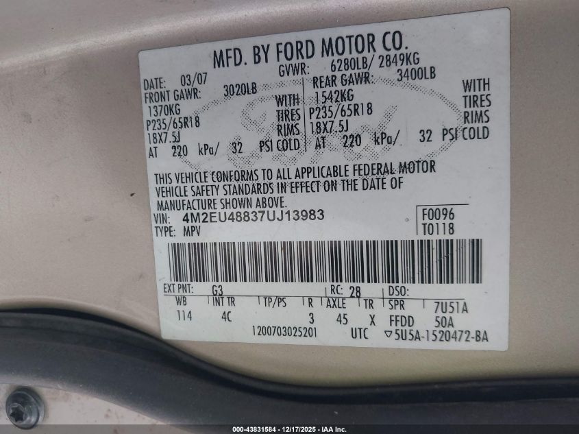 2007 Mercury Mountaineer Premier VIN: 4M2EU48837UJ13983 Lot: 43831584