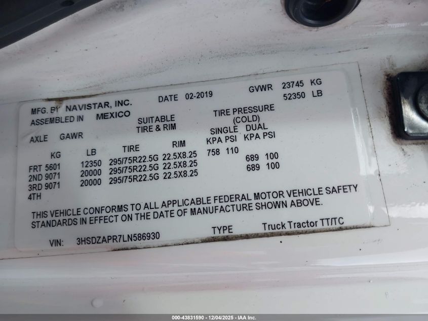 2020 International Lt VIN: 3HSDZAPR7LN586930 Lot: 43831590