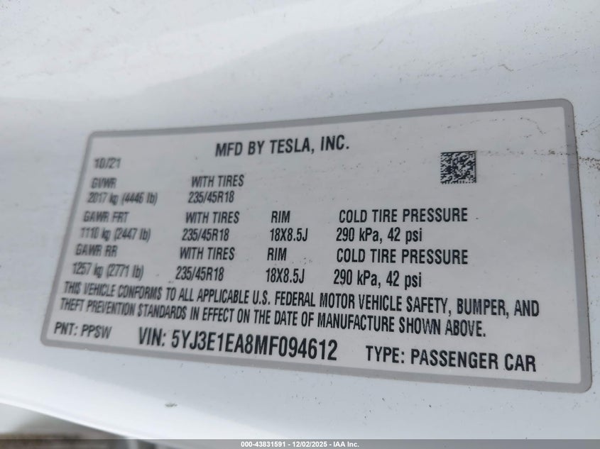 5YJ3E1EA8MF094612 2021 TESLA MODEL 3 photo no. 9