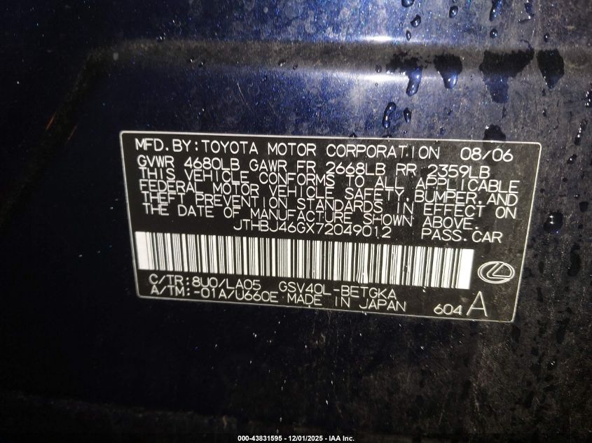 2007 Lexus Es 350 VIN: JTHBJ46GX72049012 Lot: 43831595