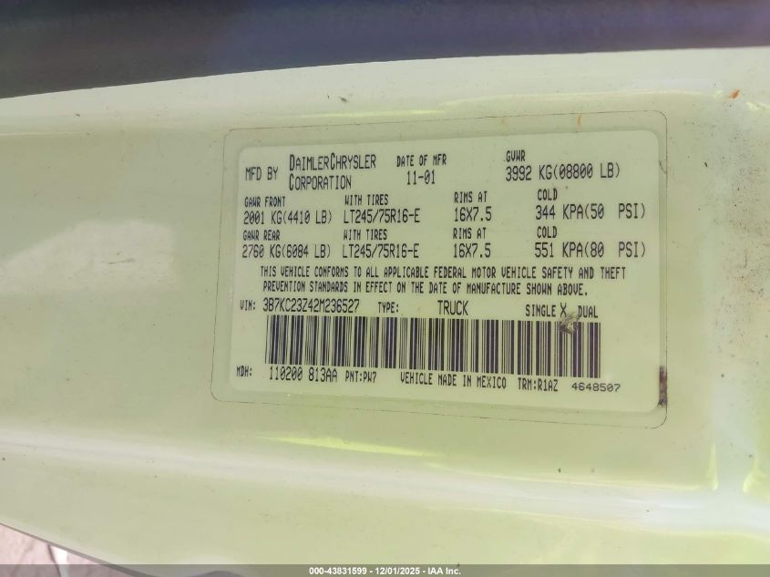 2002 Dodge Ram 2500 St VIN: 3B7KC23Z42M236527 Lot: 43831599