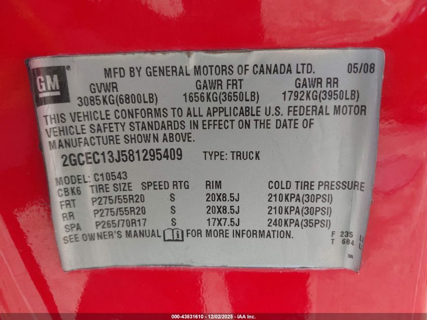 2008 Chevrolet Silverado 1500 Lt2 VIN: 2GCEC13J581295409 Lot: 43831610