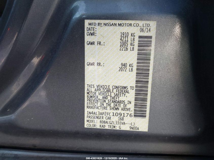 2015 Nissan Altima 2.5 S VIN: 1N4AL3AP2FC109176 Lot: 43831626