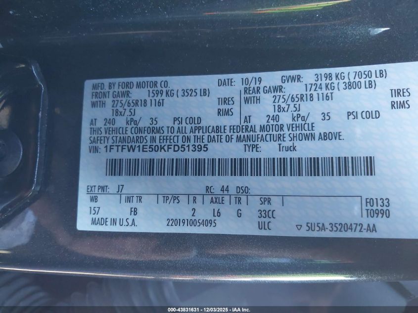 2019 Ford F-150 Xlt VIN: 1FTFW1E50KFD51395 Lot: 43831631