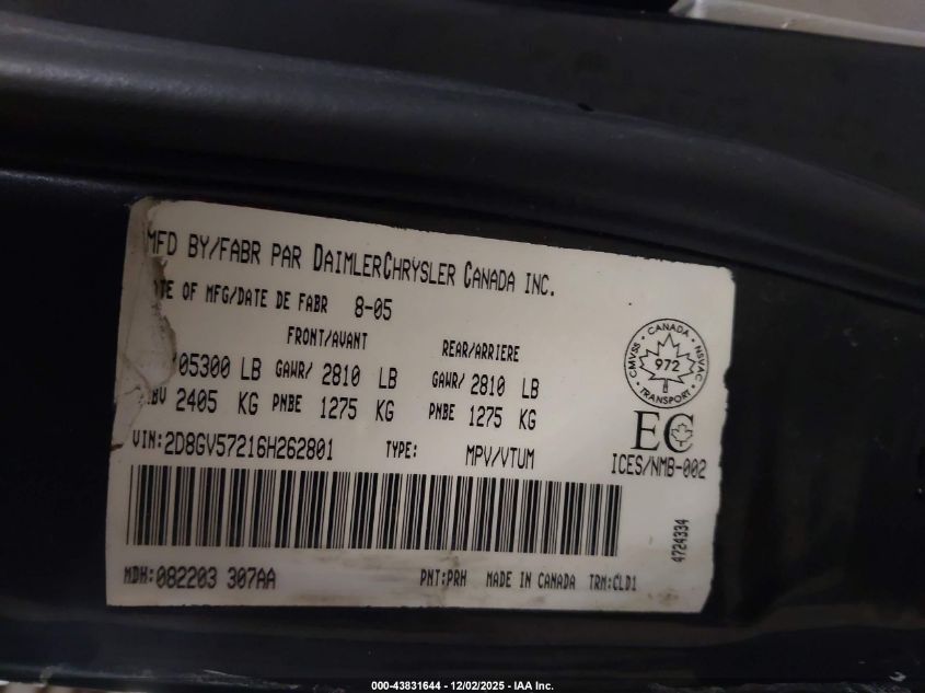 2006 Dodge Magnum Rt VIN: 2D8GV57216H262801 Lot: 43831644