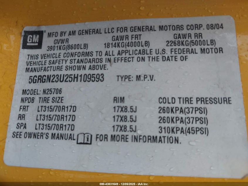 2005 Hummer H2 Suv VIN: 5GRGN23U25H109593 Lot: 43831649